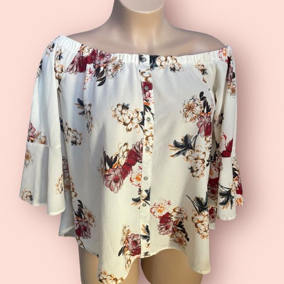 Umgee Tops - Umgee Womens Oversized Large Floral Bell Sleeve Off Shoulder Boho Cottage